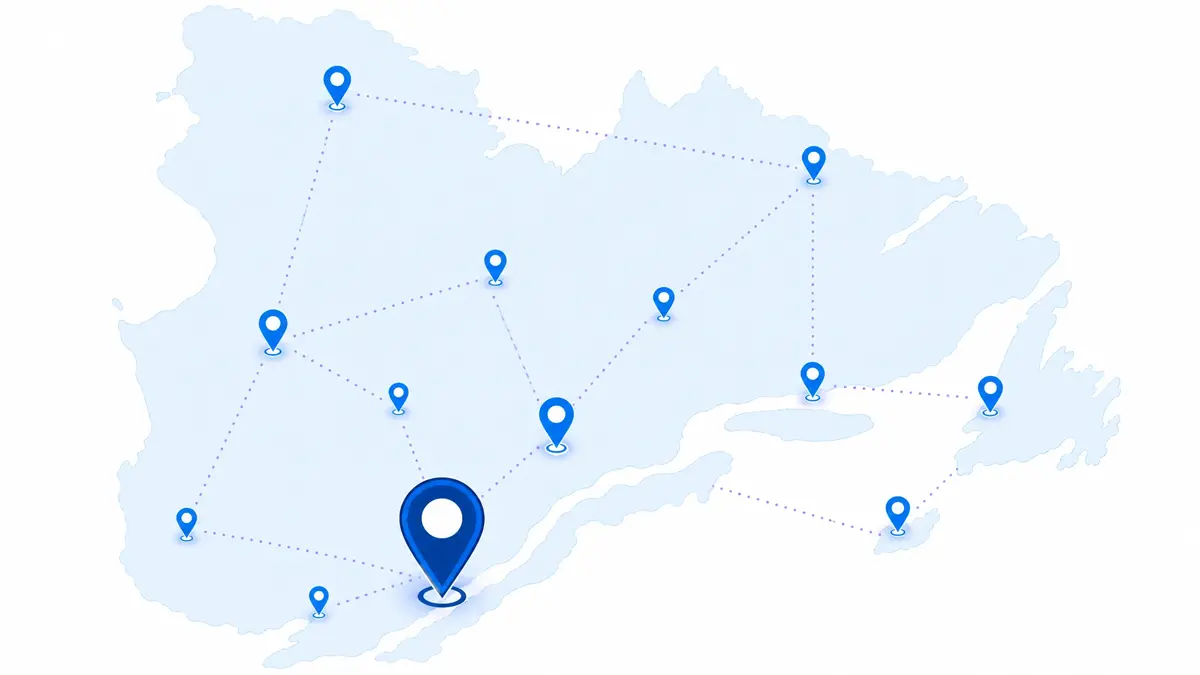 Référencement naturel 2 Carte du Québec illustrant les villes desservies par l'agence SEO Publissoft : Montréal, Laval, Longueuil, Québec, Gatineau et plus