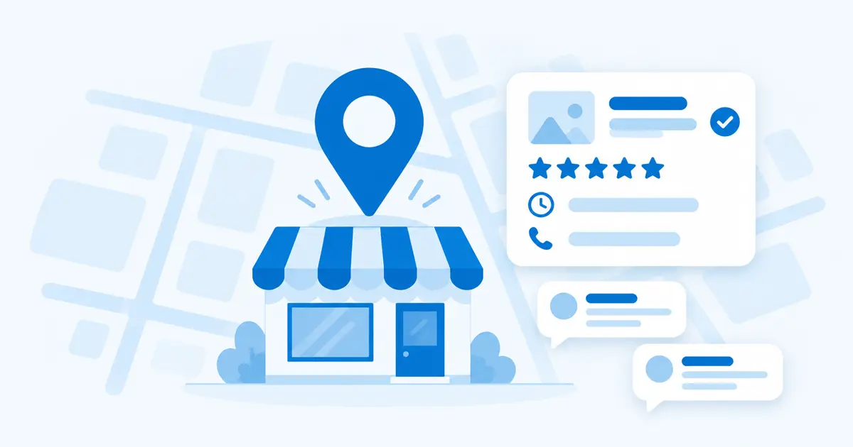 Illustration d'une fiche d'entreprise validée sur une carte, avec épinglette de localisation, horaires et avis clients
