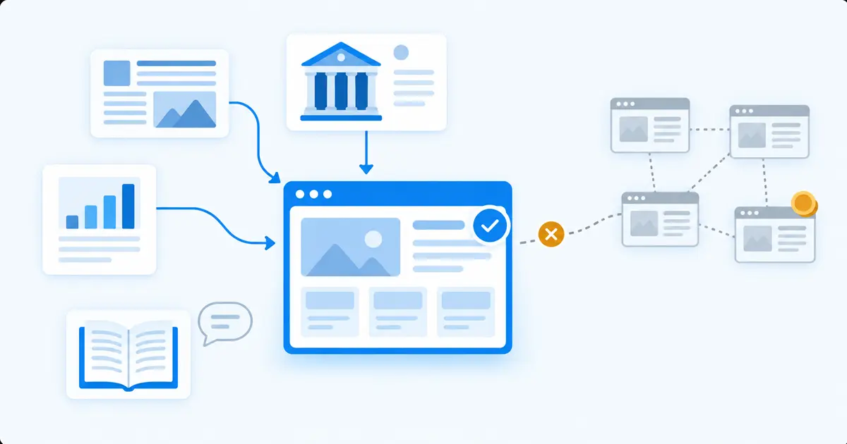 Illustration d’un site qui reçoit des liens de sources crédibles, média, association et données originales, tandis qu’un réseau de sites artificiels n’arrive pas jusqu’à lui