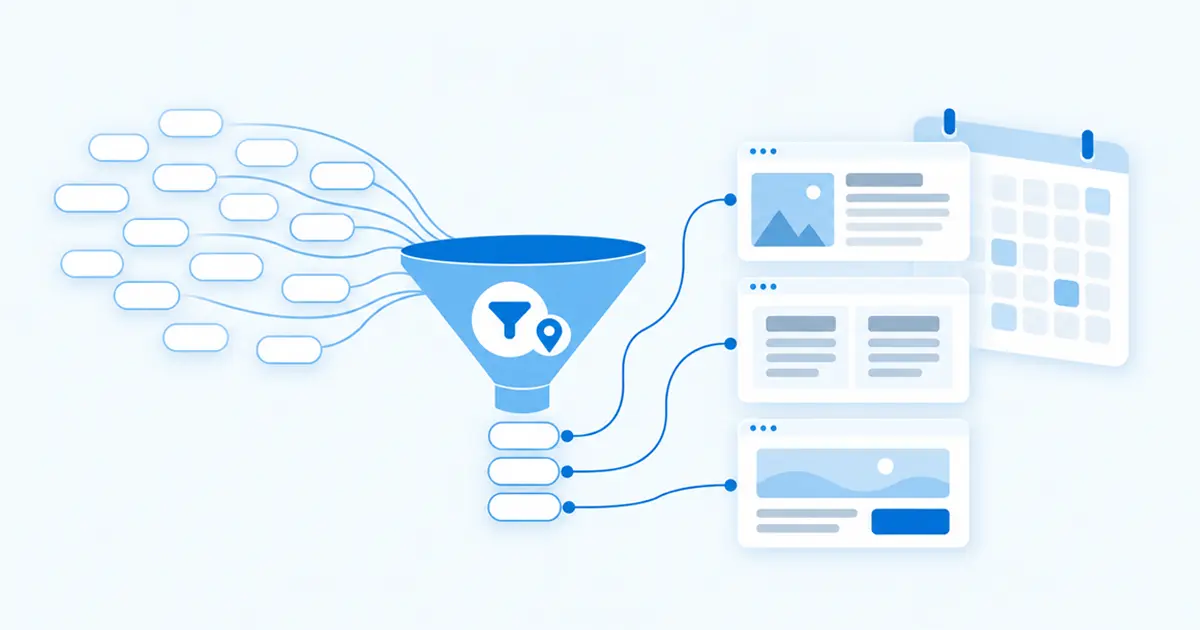 Illustration d'un entonnoir qui filtre des requêtes de recherche et les attribue chacune à une page Web, avec un calendrier de production