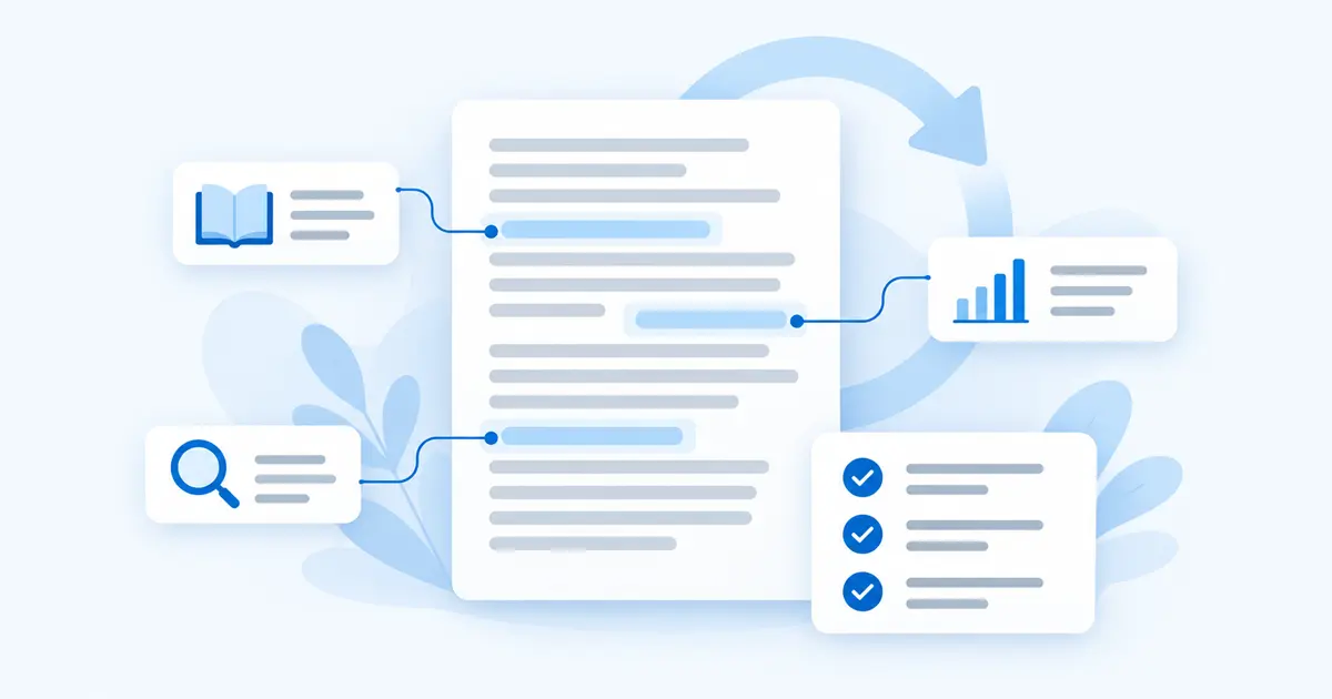 Illustration d'une page Web dont les passages surlignés sont reliés à des sources vérifiées, avec une liste de vérification